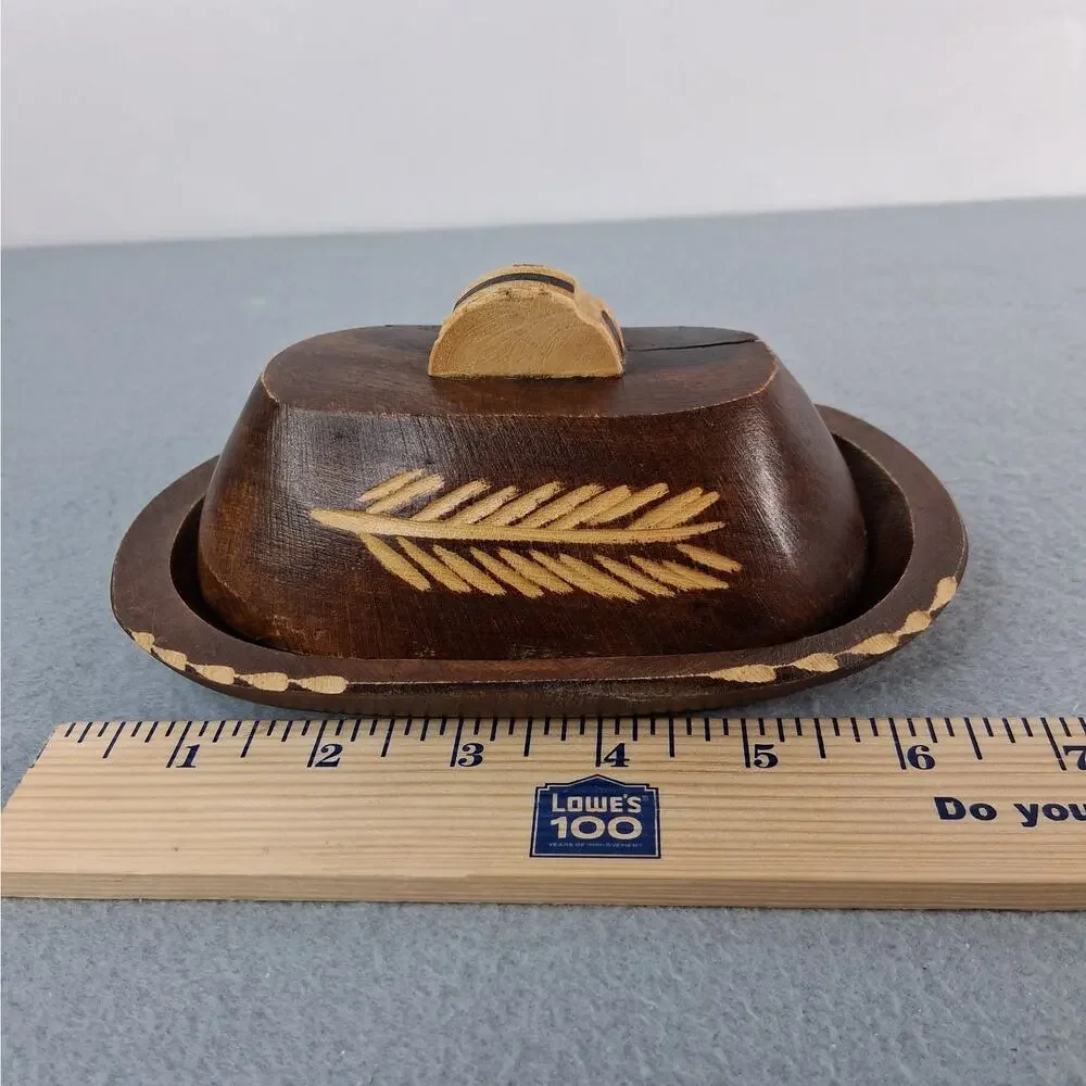 Dark Brown Oval Wooden Trinket Tray with Lid Wheat Carved on Lid